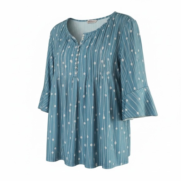 Zolucky Tops - Zolucky Teal Blue Abstract Dotted Line Pleated Henley Bell Sleeve Blouse 1X EUC